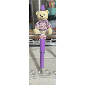 Custom Pen Baby Teddy Bear Purple Beaded Acrylic Black Ink Unique Handmade